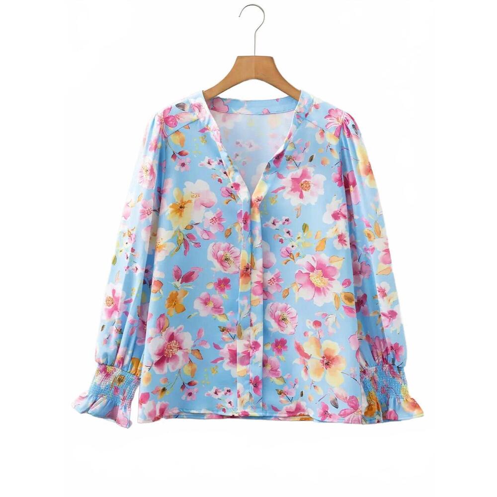 NEW EVERYDAY THE LABEL women's meadow floral smocked v-neck blouse in sky blue
